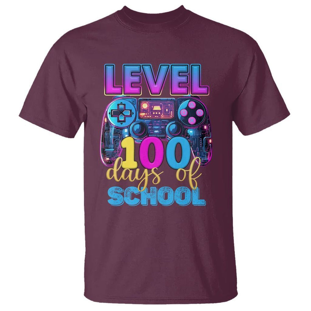 100 Days of School Gamer T Shirt Level 100 Unlocked Neon Game Controller - FUNOLO