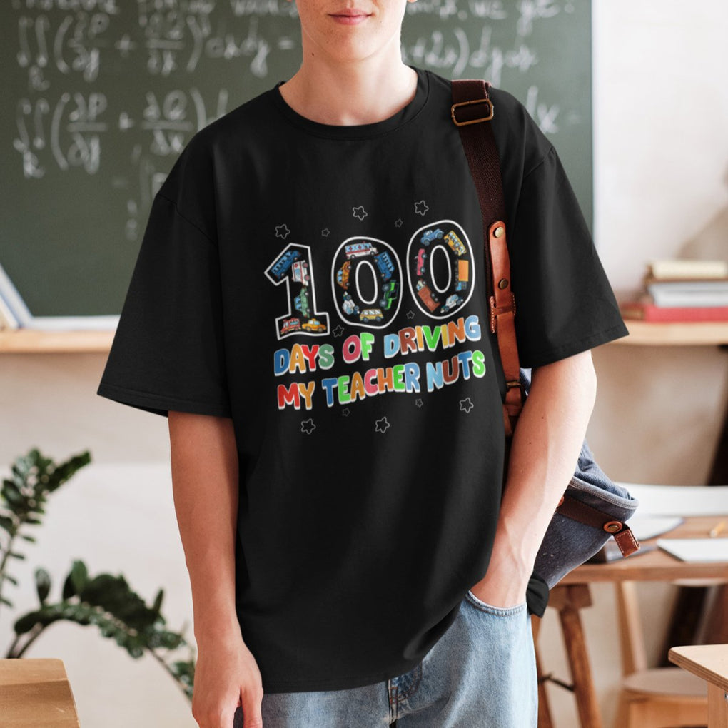 100th Day of School Boys T Shirt 100 Days of Driving My Teacher Nuts Cars Vehicles - FUNOLO