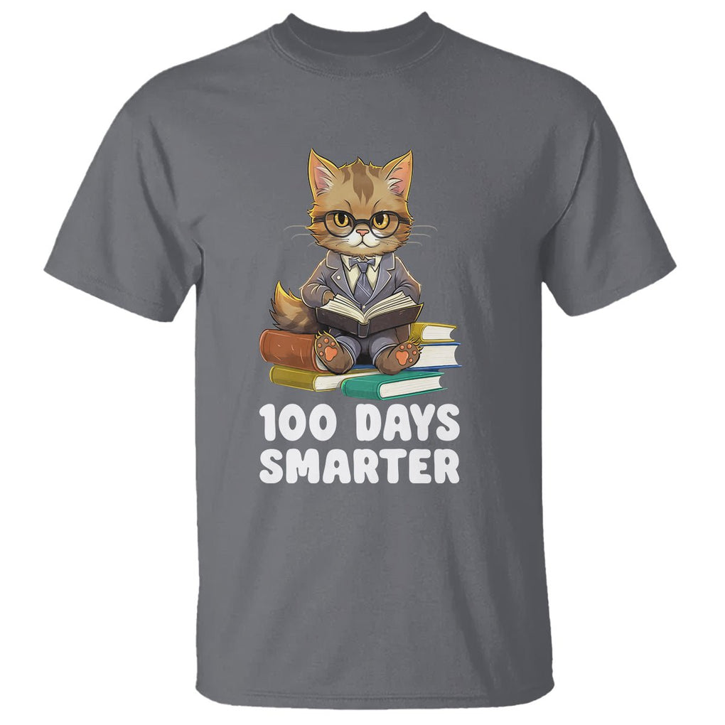 100th Day Of School T Shirt 100 Days Smarter Funny Kitty Cat Reading Book - FUNOLO