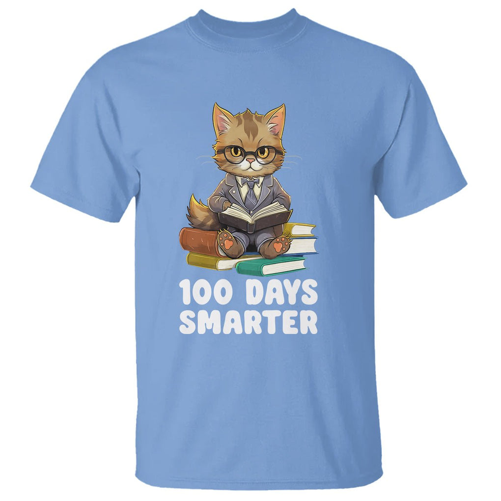 100th Day Of School T Shirt 100 Days Smarter Funny Kitty Cat Reading Book - FUNOLO
