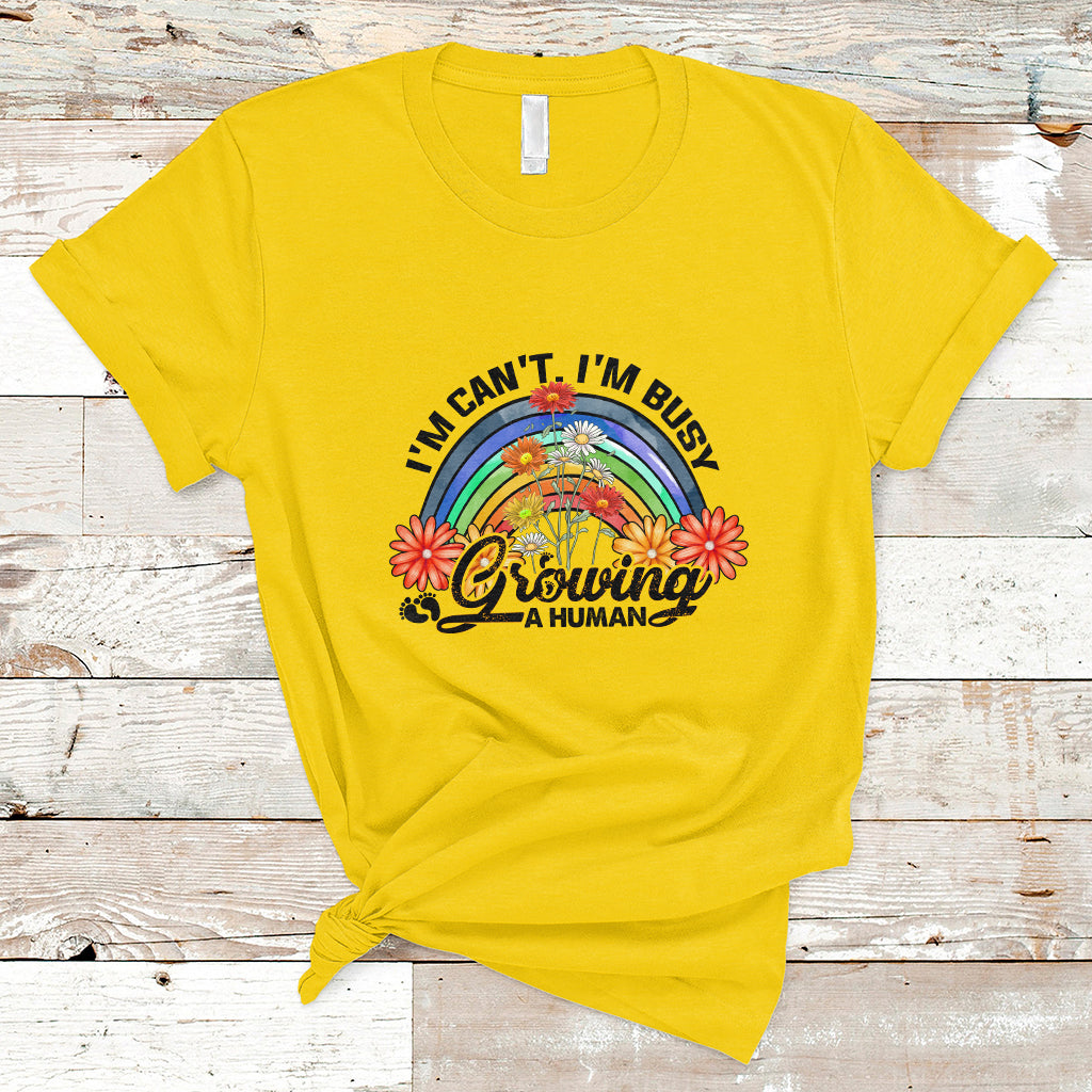 i-cant-im-busy-growing-a-human-pregnant-mom-first-mothers-day-retro-rainbow-t-shirt-ts02