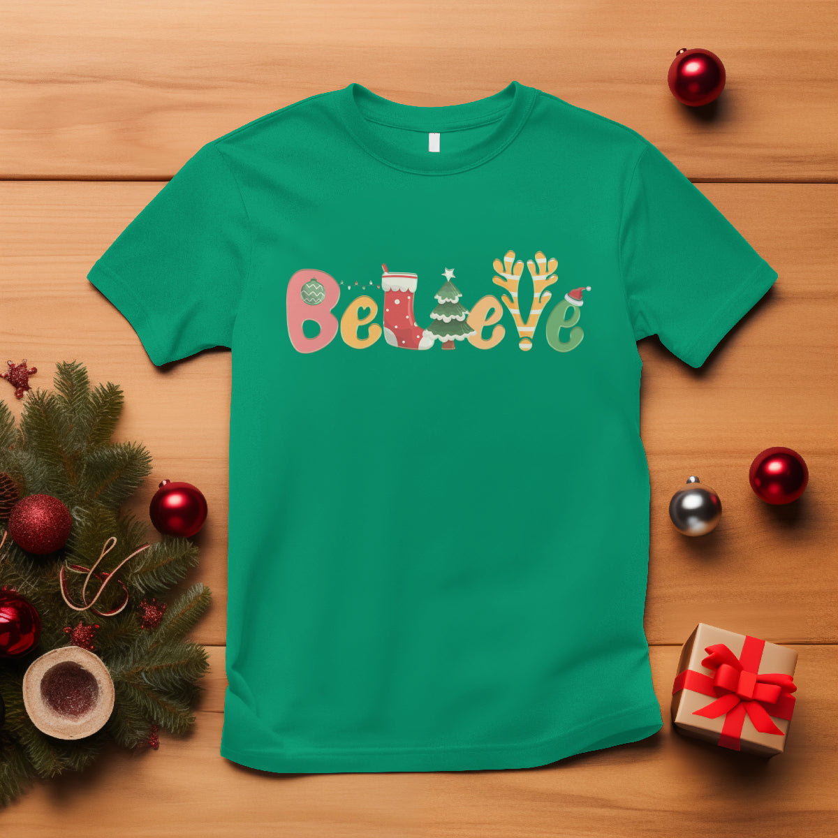believe-christmas-t-shirt-santa-claus-reindeer-candy-cane-groovy-xmas