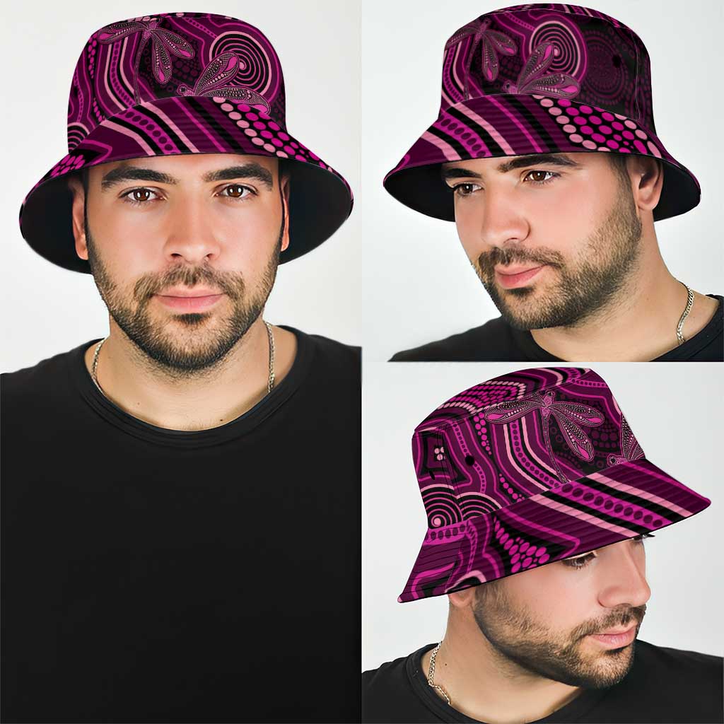 Australia Breast Cancer Support Bucket Hat Pink Dragonflies Aboriginal Art