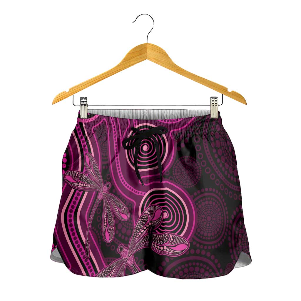 Australia Breast Cancer Support Shorts for Women Pink Dragonflies Aboriginal Art