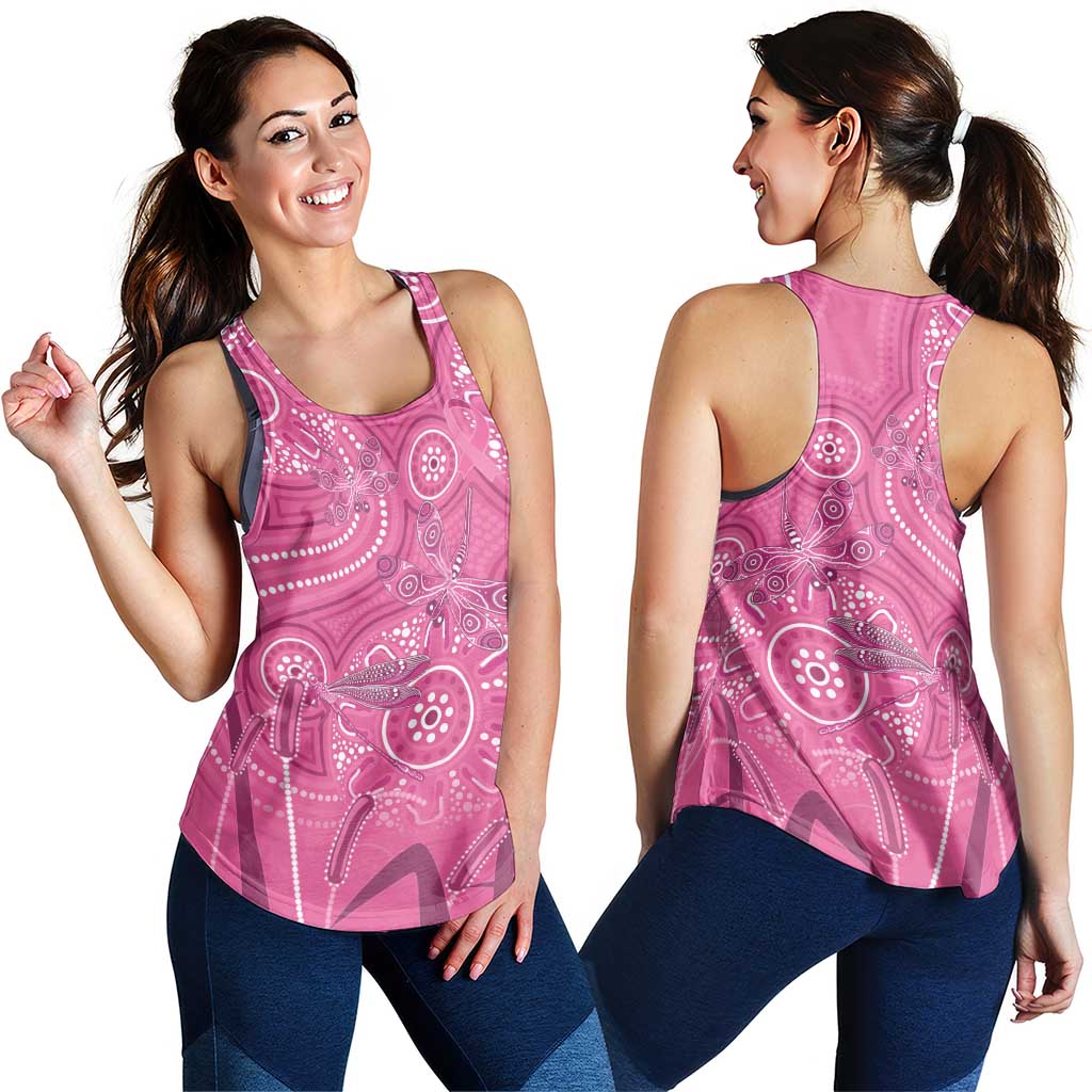 Australia Indigenous Pink Month Women Racerback Tank Breast Cancer Aboriginal Dragonflies Ribbon