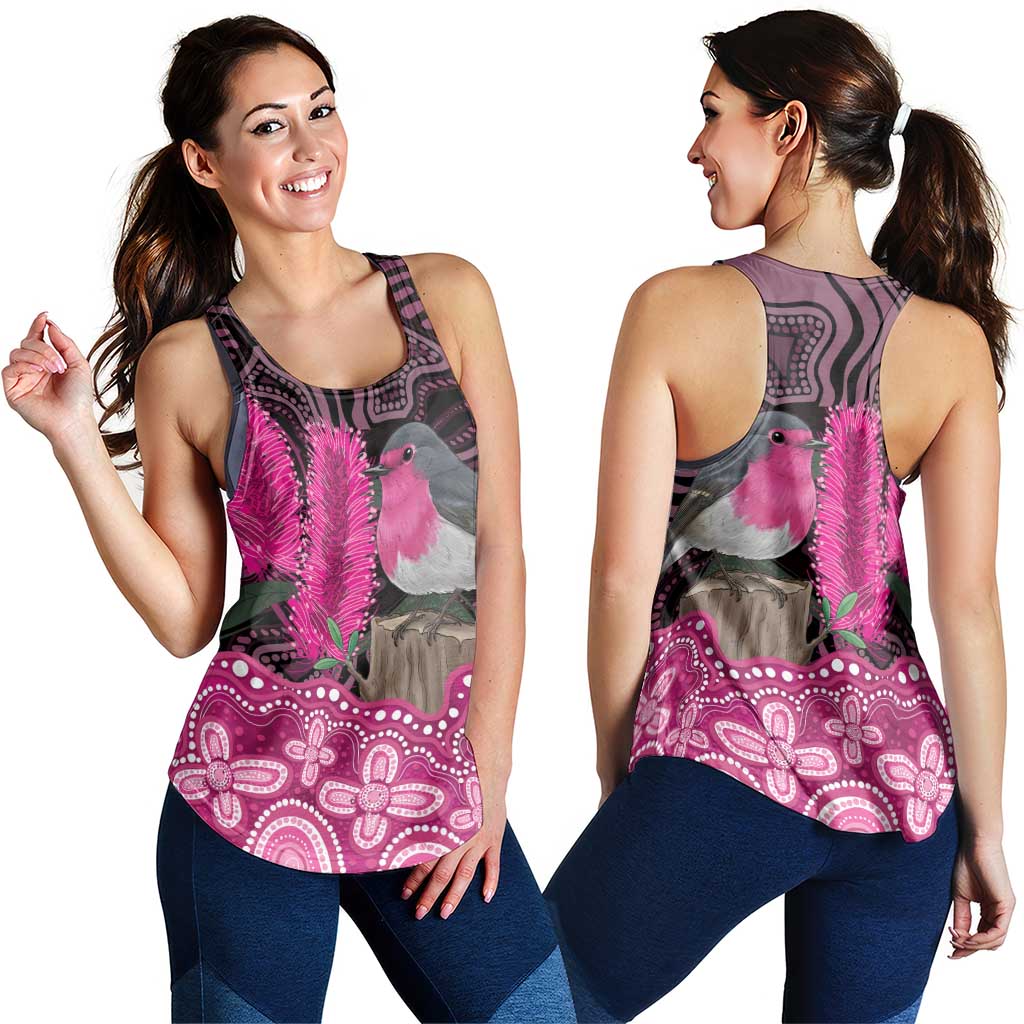 Australia Indigenous Women Racerback Tank Breast Cancer Pink Robin Bottlebrush Aboriginal Art
