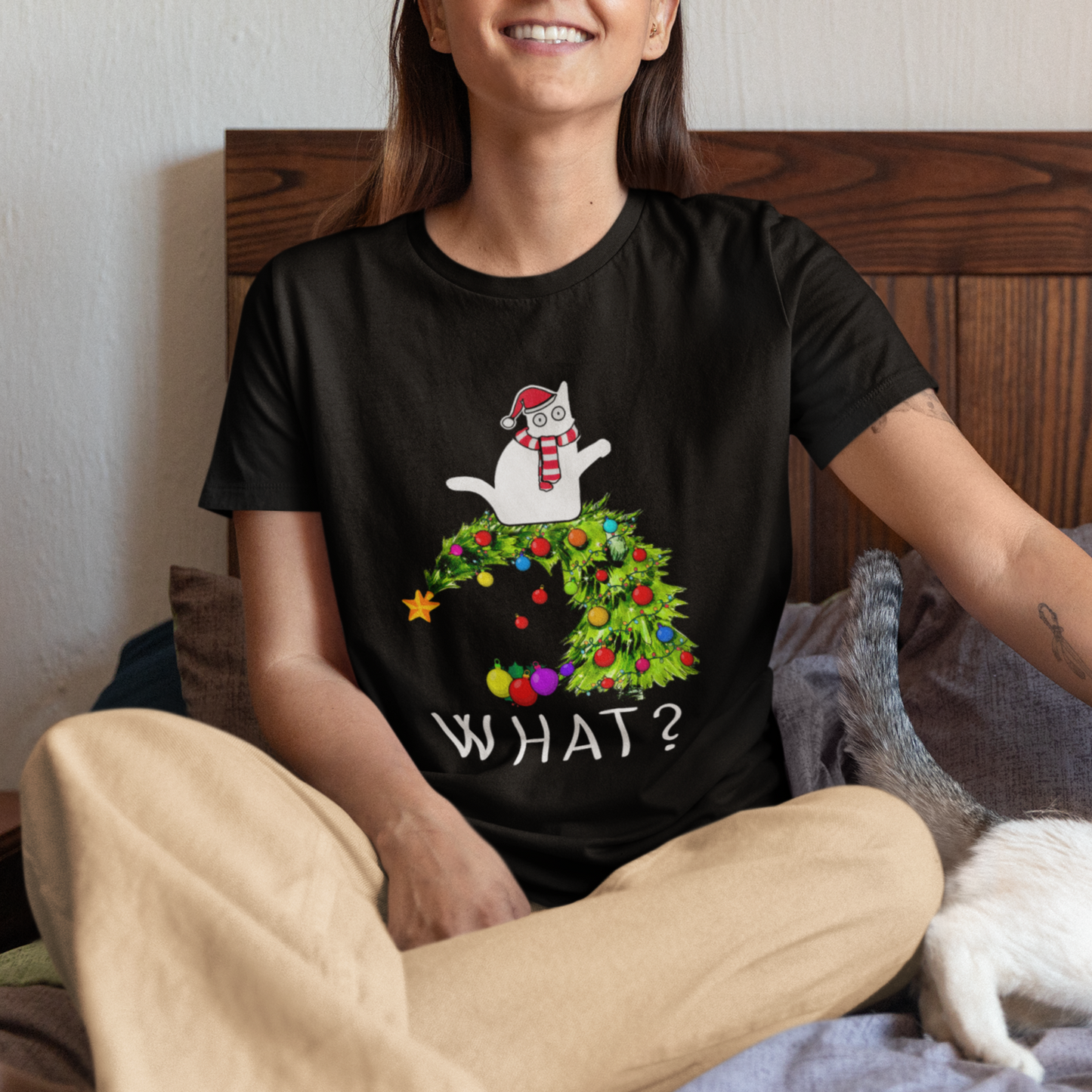 what-cat-pushing-christmas-tree-xmas-mischievous-cat-lover-t-shirt
