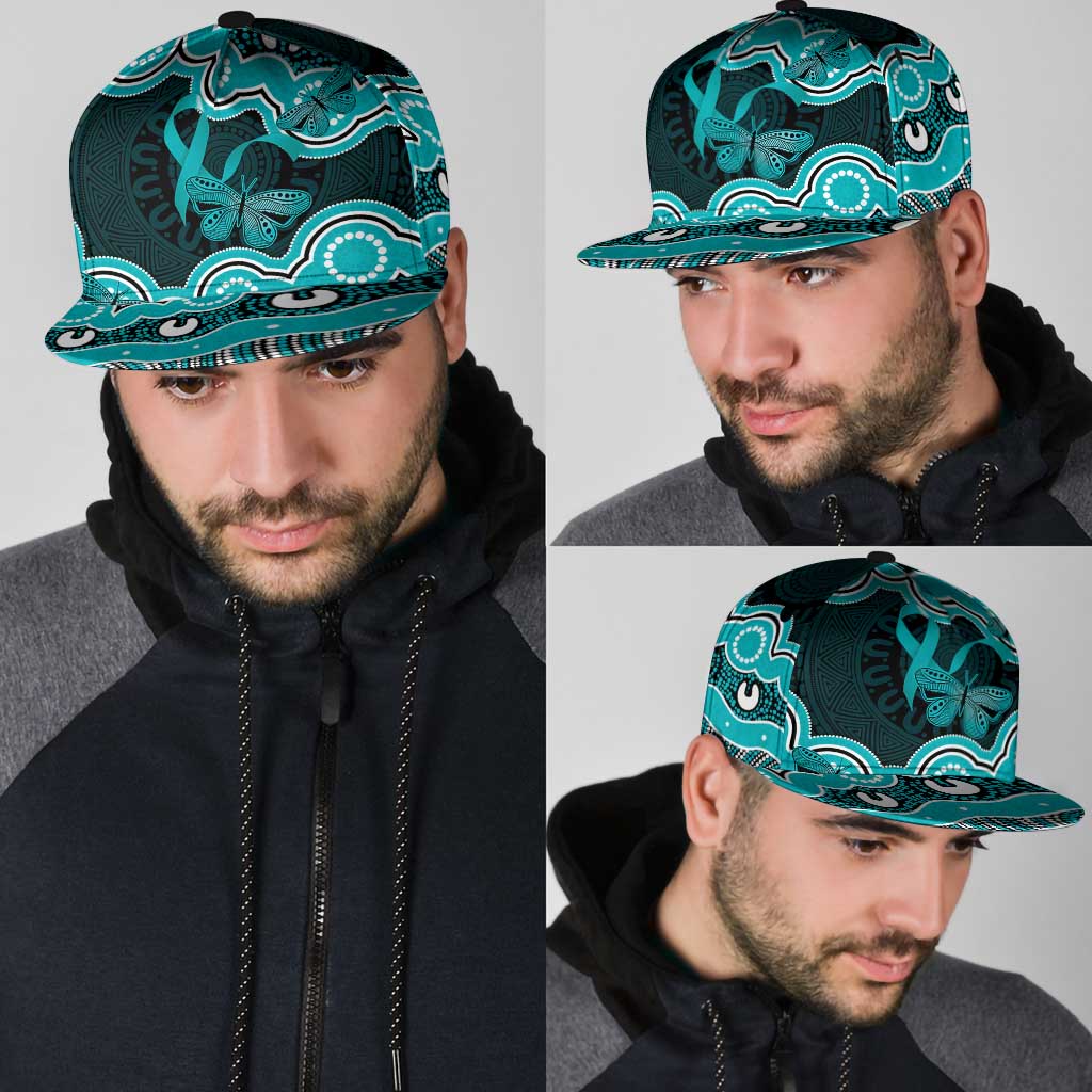Cyan Ribbon PTSD Support Snapback Cap Aboriginal Art