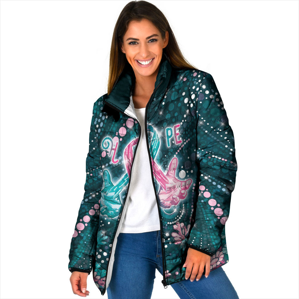 Personalised Hereditary Cancer Support Padded Jacket Hope Ribbon With Aussie Teal Duncan Coral