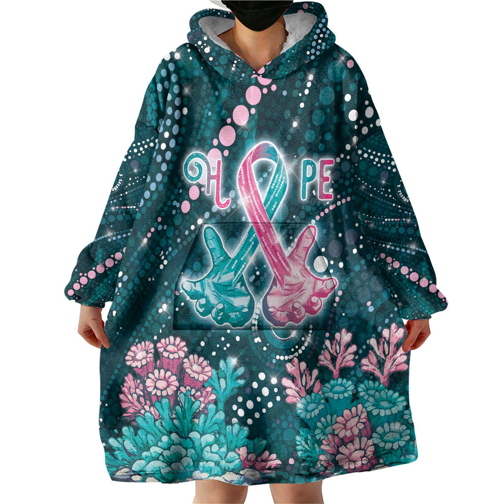 Personalised Hereditary Cancer Support Wearable Blanket Hoodie Hope Ribbon With Aussie Teal Duncan Coral