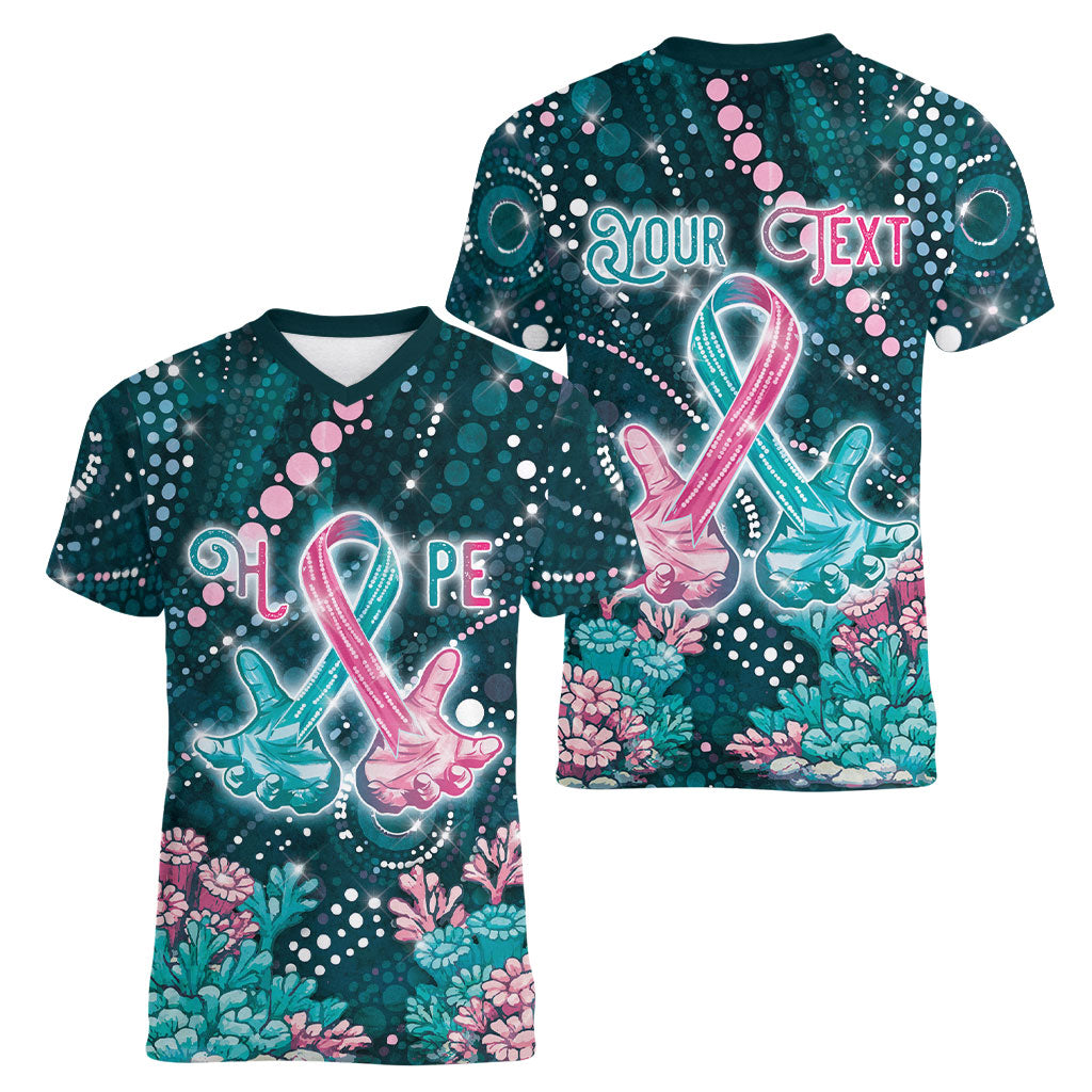 Personalised Hereditary Cancer Support Women V-Neck T-Shirt Hope Ribbon With Aussie Teal Duncan Coral