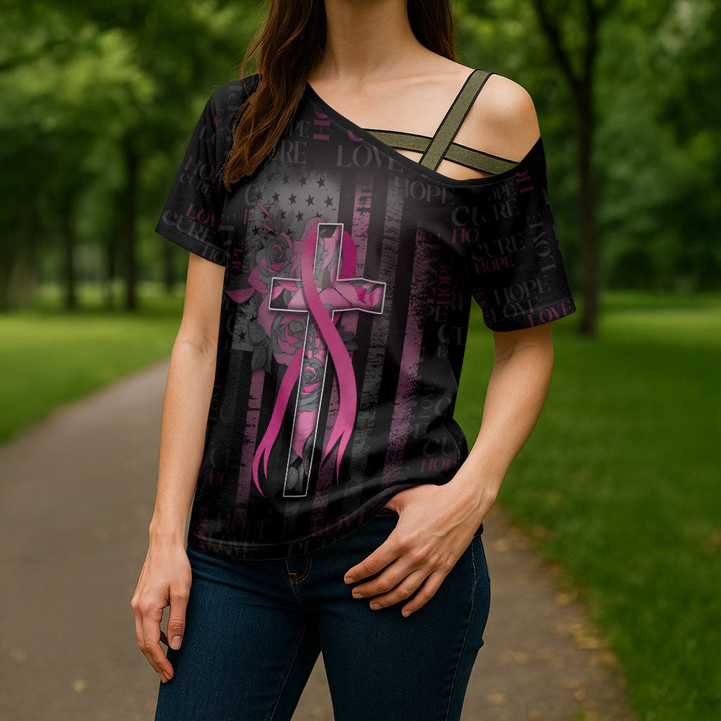 Personalized American Breast Cancer Support Cross Shoulder Shirt Hope And Cure Cross