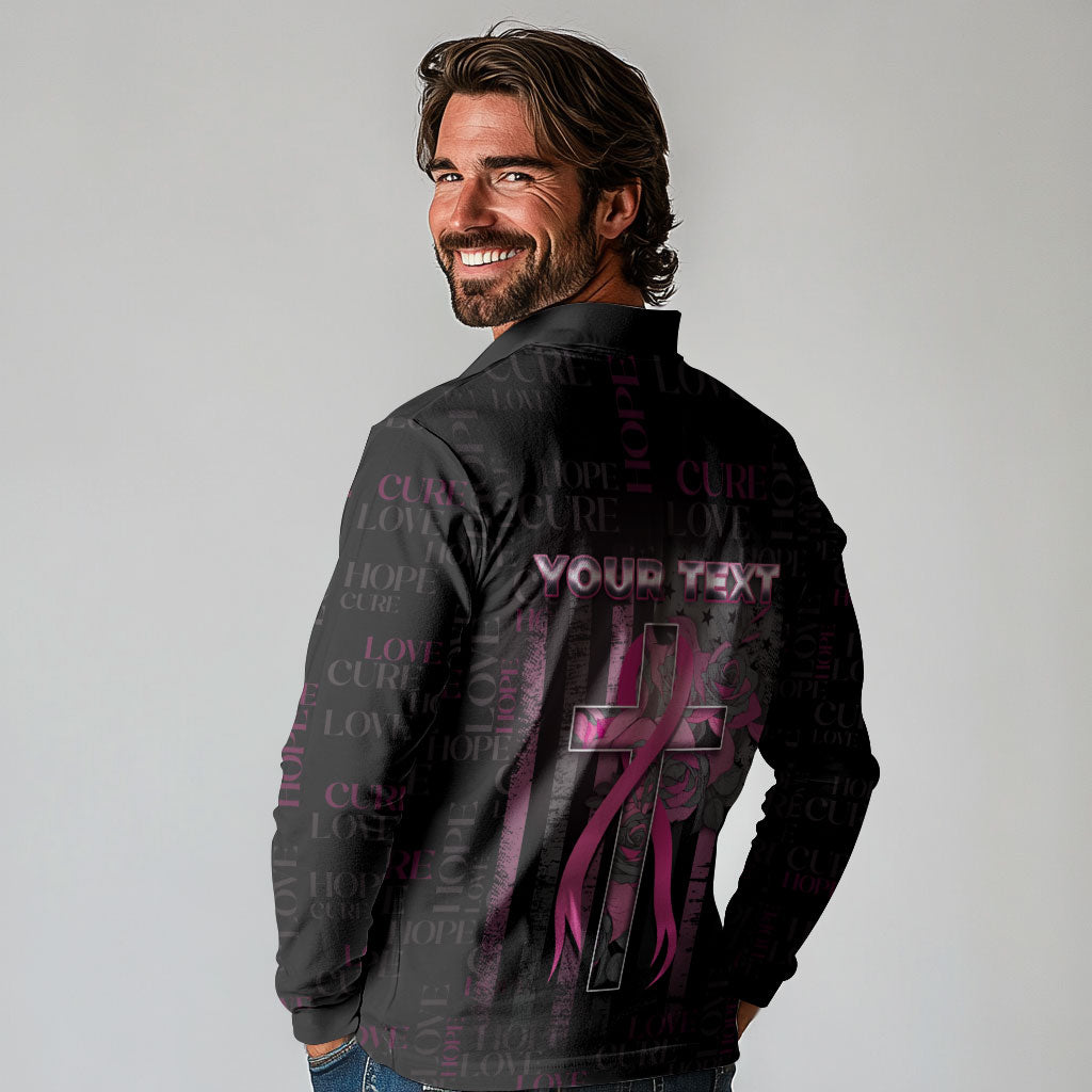 Personalized American Breast Cancer Support Long Sleeve Polo Shirt Hope And Cure Cross