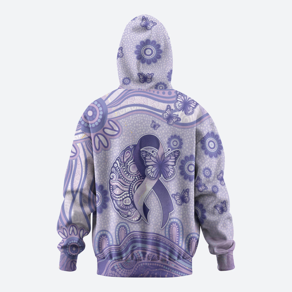 Personalised Epilepsy Support Hoodie Purple Ribbon Butterfly And Brain Aboriginal Art