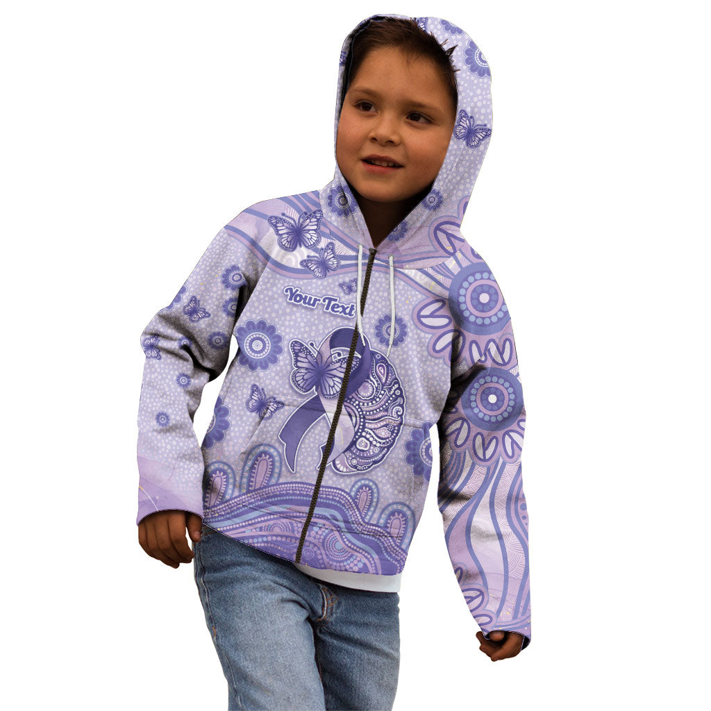 Personalised Epilepsy Support Kid Hoodie Purple Ribbon Butterfly And Brain Aboriginal Art