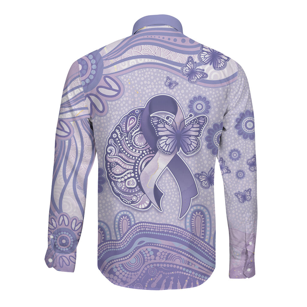 Personalised Epilepsy Support Long Sleeve Button Shirt Purple Ribbon Butterfly And Brain Aboriginal Art