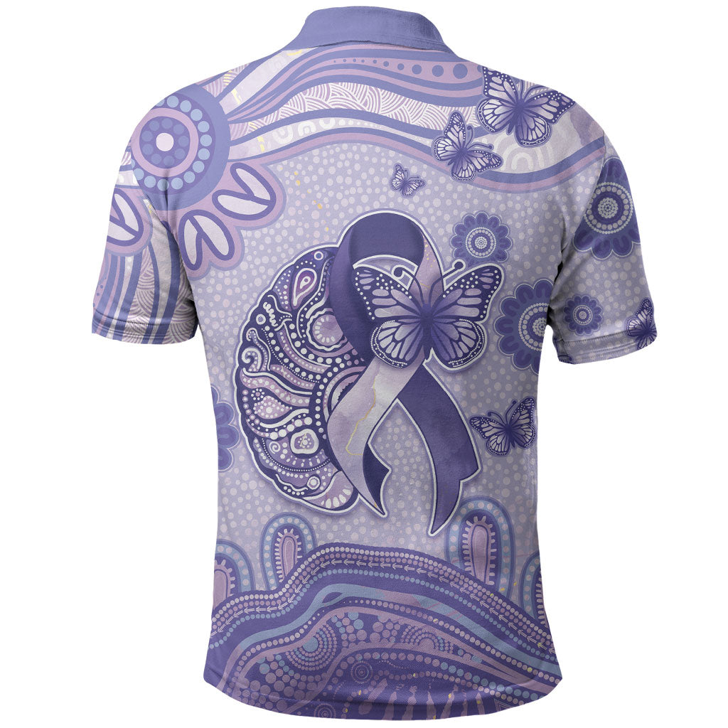 Personalised Epilepsy Support Polo Shirt Purple Ribbon Butterfly And Brain Aboriginal Art