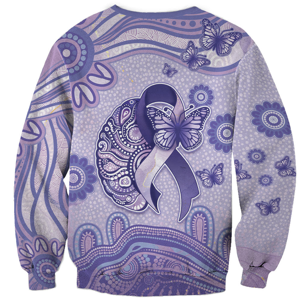 Personalised Epilepsy Support Sweatshirt Purple Ribbon Butterfly And Brain Aboriginal Art