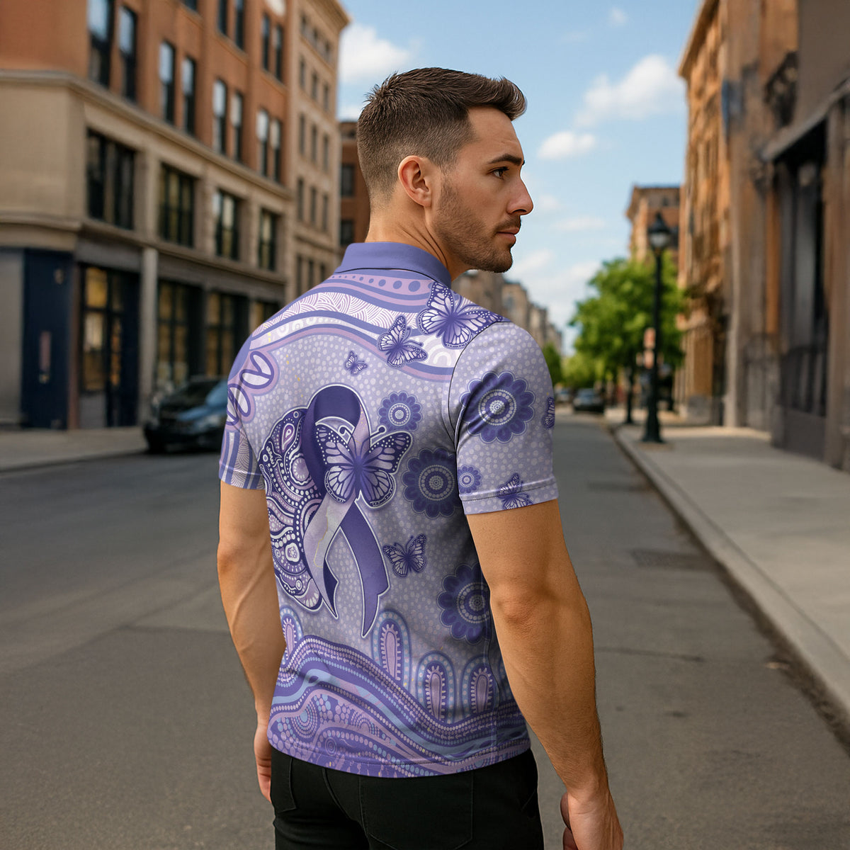 Personalised Epilepsy Support Zipper Polo Shirt Purple Ribbon Butterfly And Brain Aboriginal Art