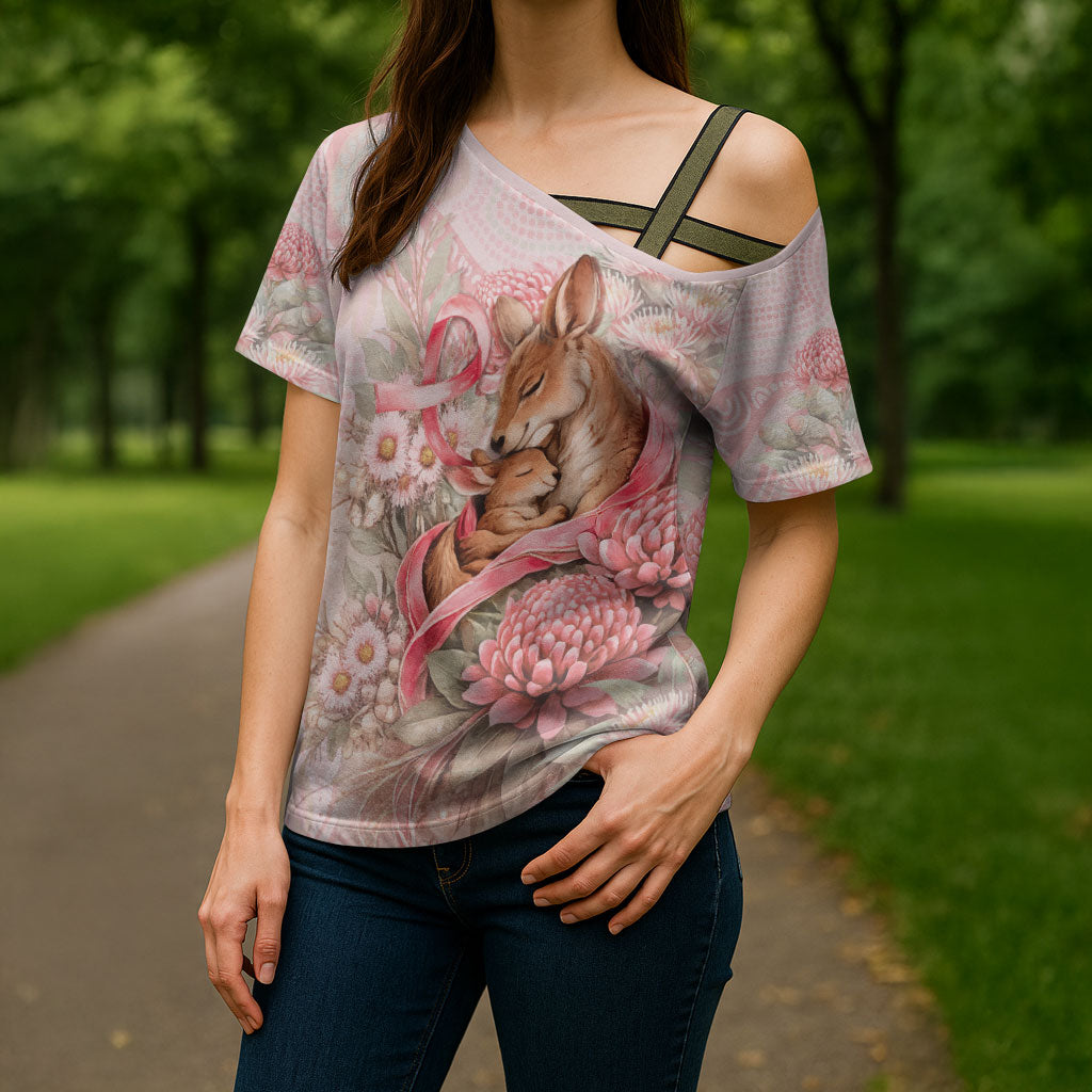 Personalised Breast Cancer Support Cross Shoulder Shirt Mother Kangaroo And Ribbon Hope