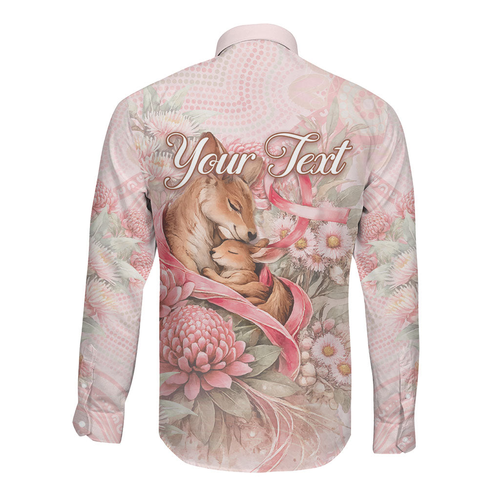 Personalised Breast Cancer Support Long Sleeve Button Shirt Mother Kangaroo And Ribbon Hope