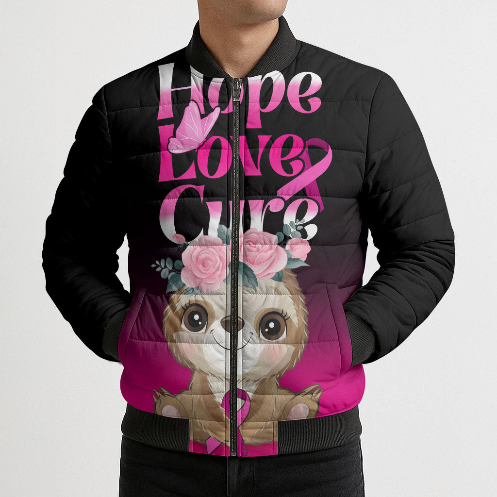 Personalised Hope Love Cure Sloth Bomber Puffer Jacket
