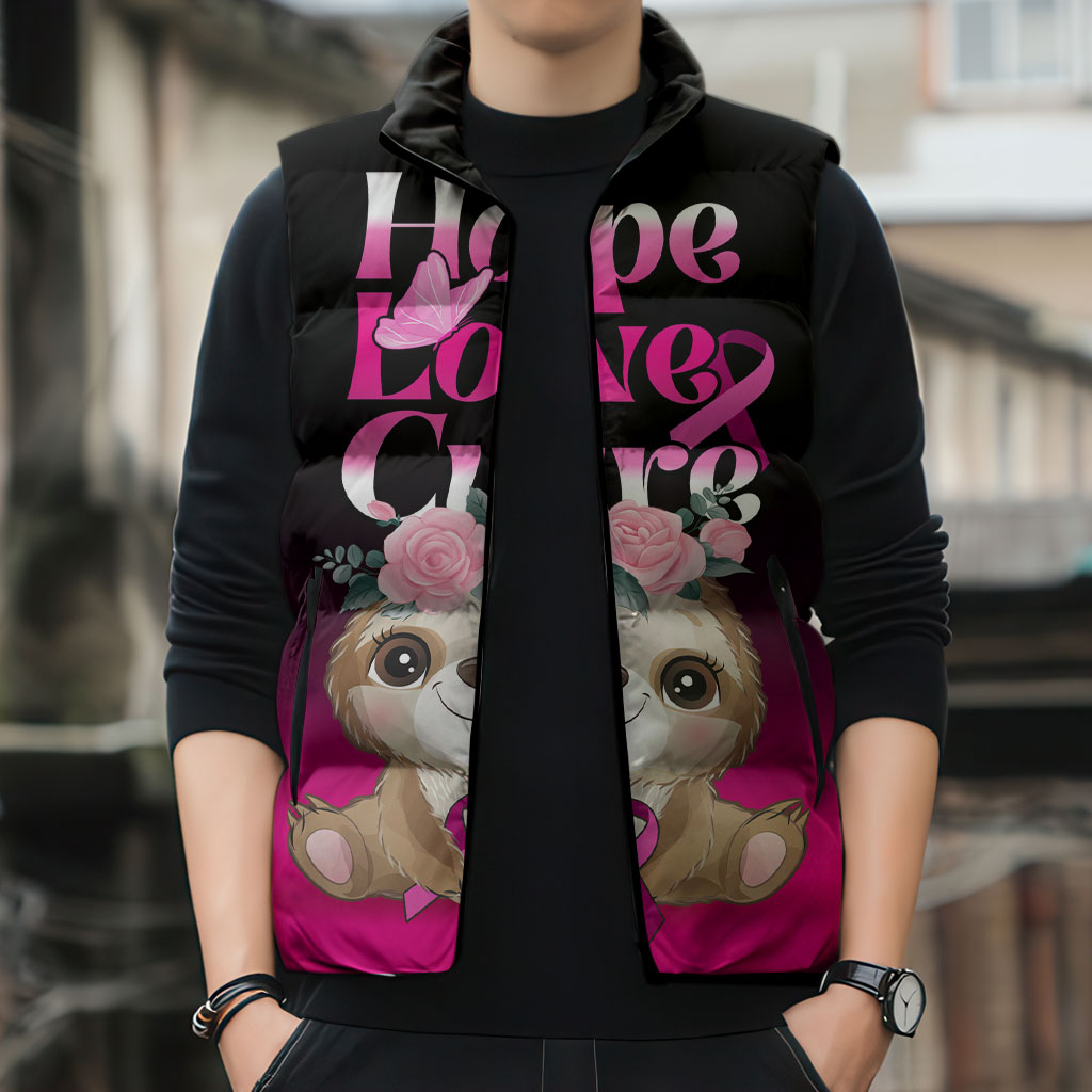 Personalised Hope Love Cure Sloth Sleeveless Puffer Jacket