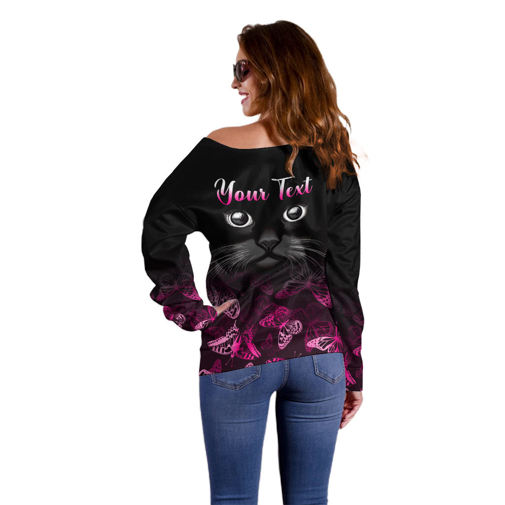 Personalised I Am A Survivor Off Shoulder Sweater Black Cat Breast Cancer Support