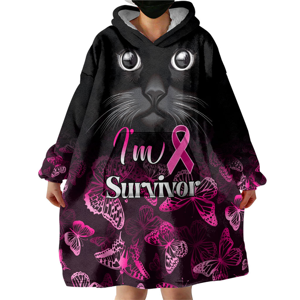 Personalised I Am A Survivor Wearable Blanket Hoodie Black Cat Breast Cancer Support