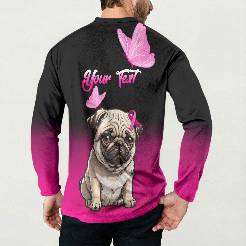Personalised Pink Out Button Sweatshirt Pug Dog Breast Cancer Support