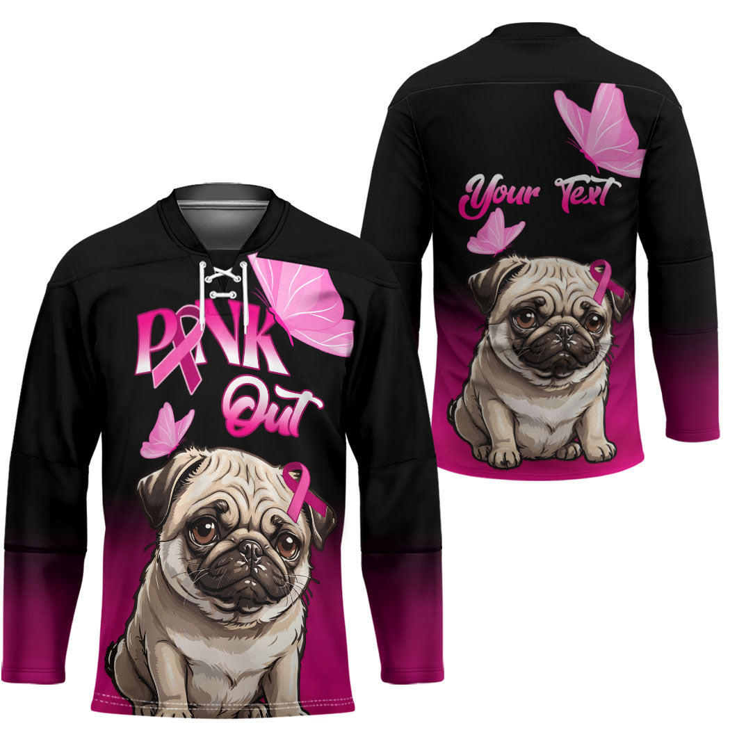 Personalised Pink Out Hockey Jersey Pug Dog Breast Cancer Support