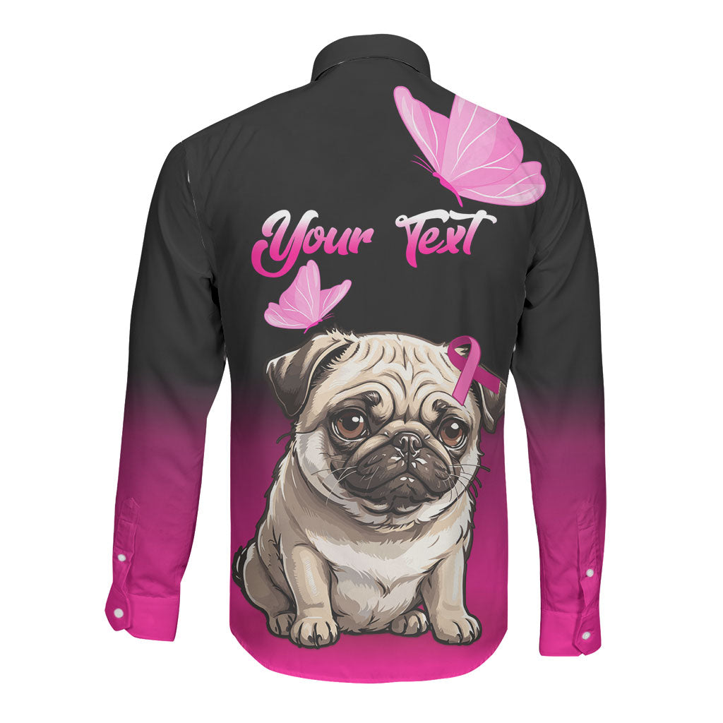 Personalised Pink Out Long Sleeve Button Shirt Pug Dog Breast Cancer Support