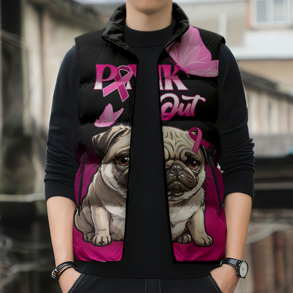 Personalised Pink Out Sleeveless Puffer Jacket Pug Dog Breast Cancer Support