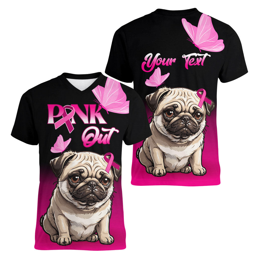 Personalised Pink Out Women V-Neck T-Shirt Pug Dog Breast Cancer Support