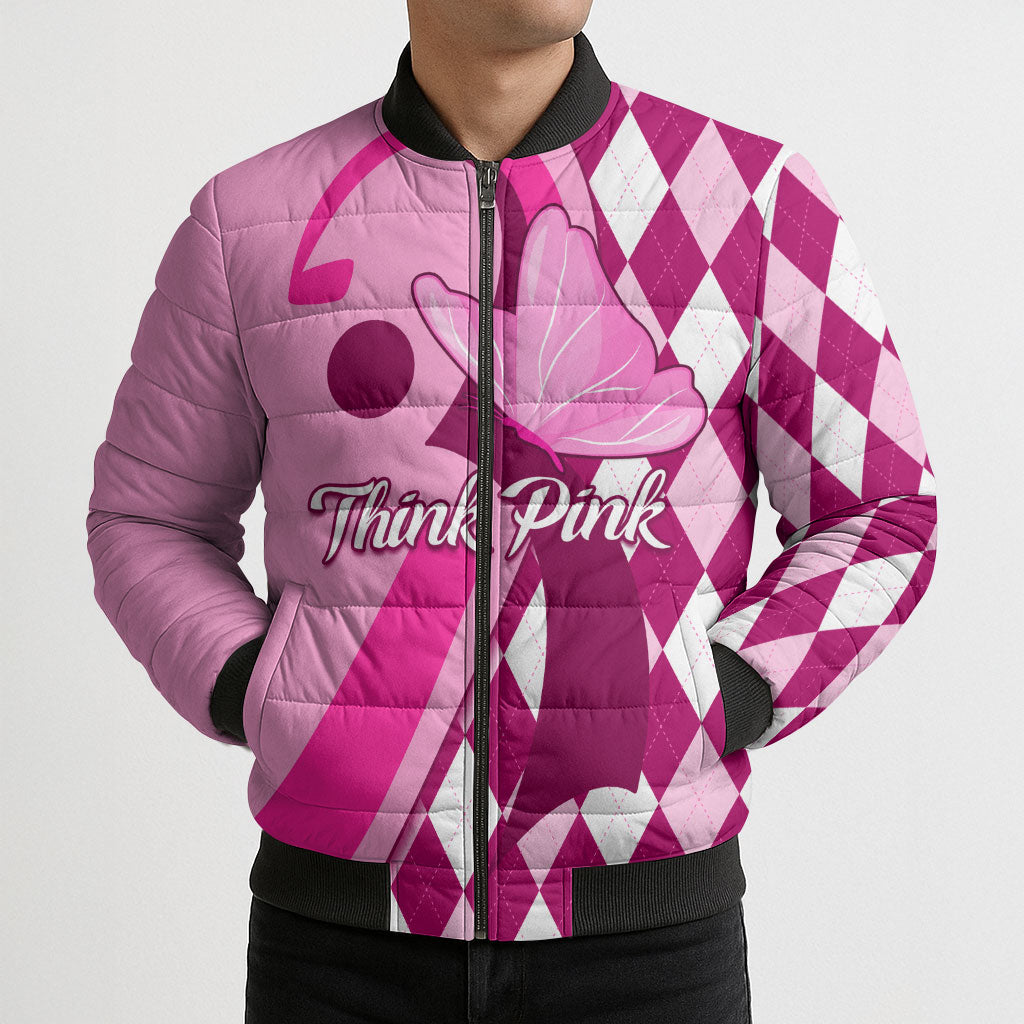 Personalised Think Pink Bomber Puffer Jacket Golf Argyle Pattern Breast Cancer Support