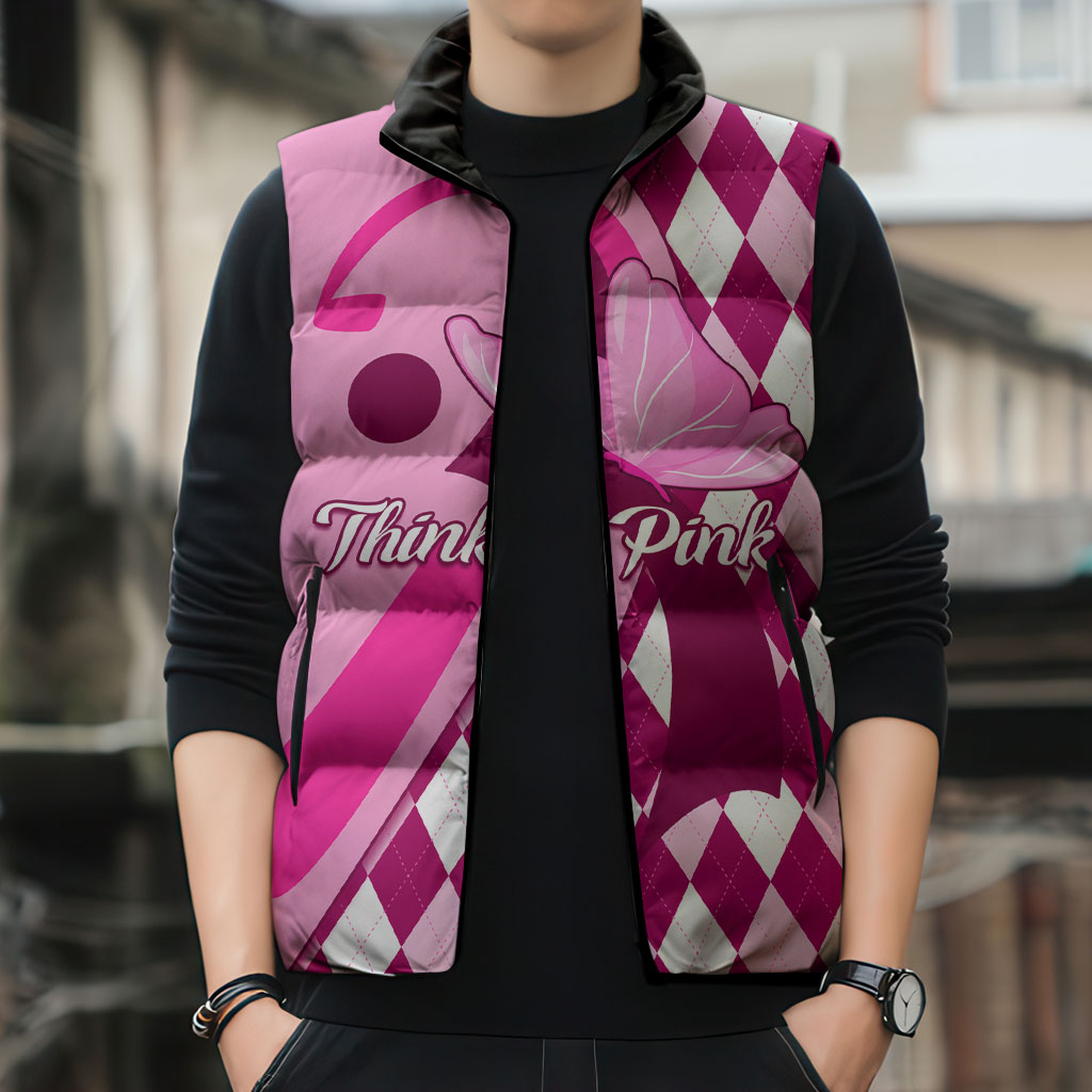 Personalised Think Pink Sleeveless Puffer Jacket Golf Argyle Pattern Breast Cancer Support
