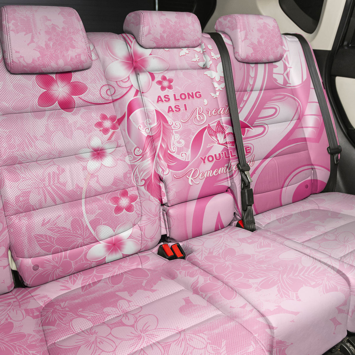 Memorial Pink Breast Cancer Support Back Car Seat Cover Plumeria Floral Tribal Pattern
