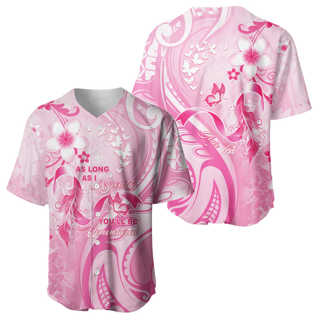 Personalised Memorial Pink Breast Cancer Support Baseball Jersey Plumeria Floral Tribal Pattern