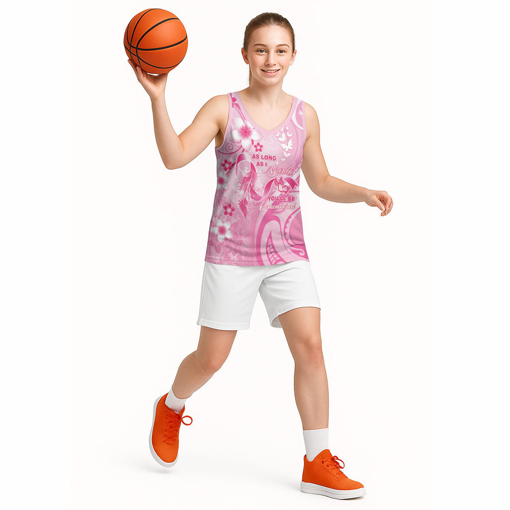 Personalised Memorial Pink Breast Cancer Support Basketball Jersey Plumeria Floral Tribal Pattern