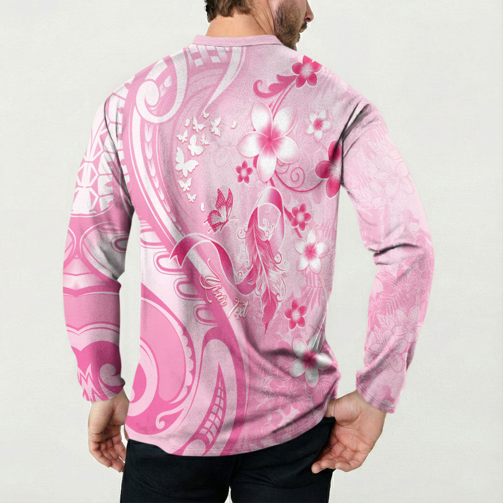 Personalised Memorial Pink Breast Cancer Support Button Sweatshirt Plumeria Floral Tribal Pattern