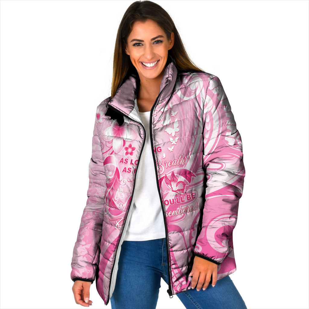 Personalised Memorial Pink Breast Cancer Support Padded Jacket Plumeria Floral Tribal Pattern
