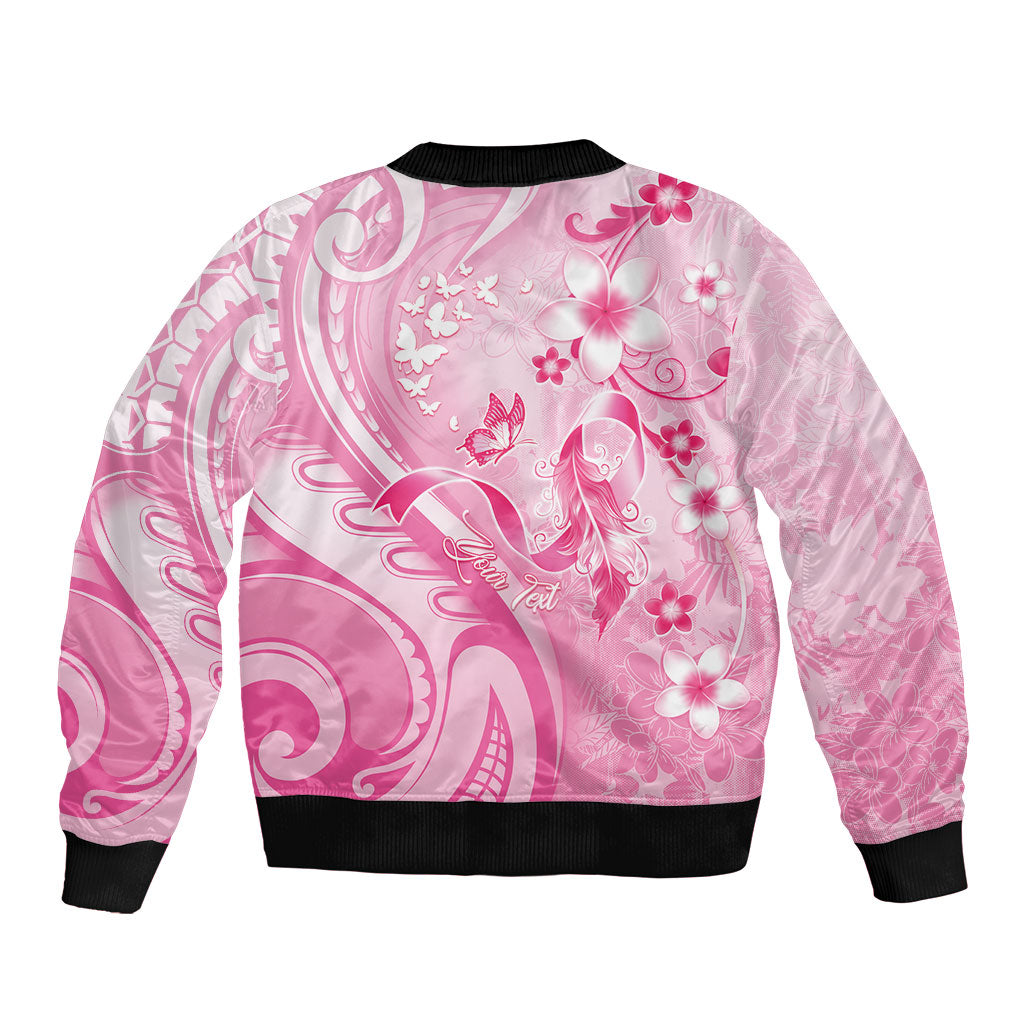 Personalised Memorial Pink Breast Cancer Support Sleeve Zip Bomber Jacket Plumeria Floral Tribal Pattern