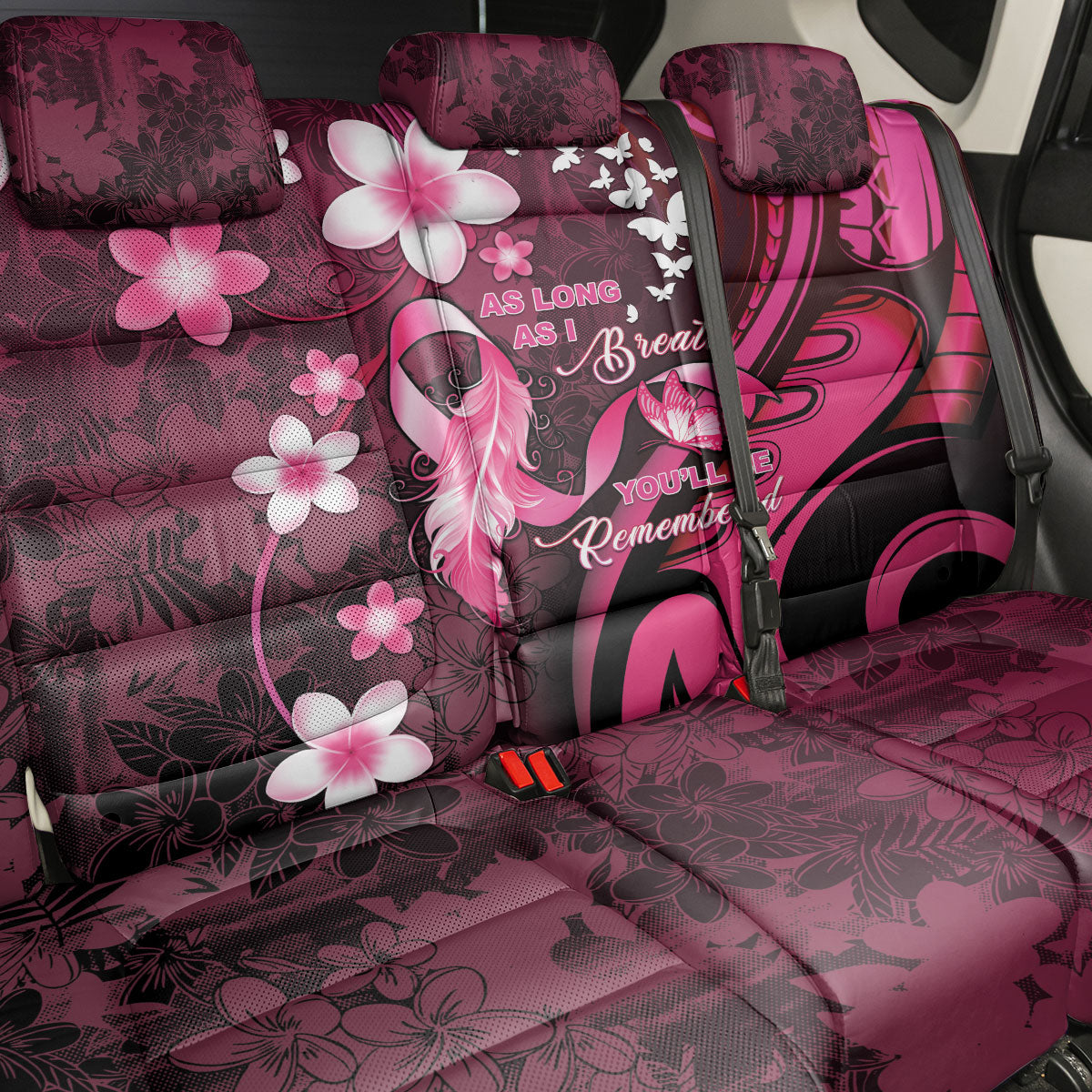 Memorial Breast Cancer Support Back Car Seat Cover Plumeria Floral Tribal Pattern