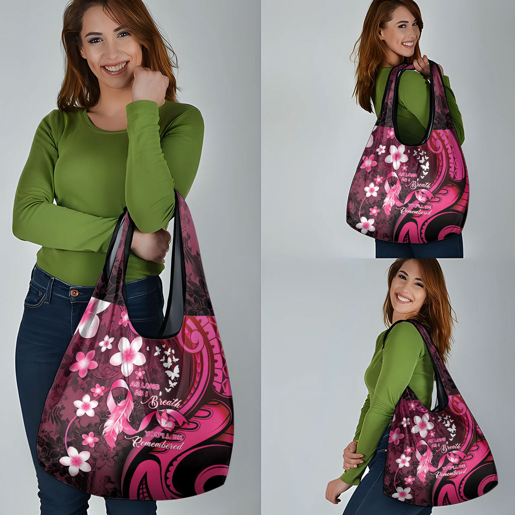 Memorial Breast Cancer Support Grocery Bag Plumeria Floral Tribal Pattern