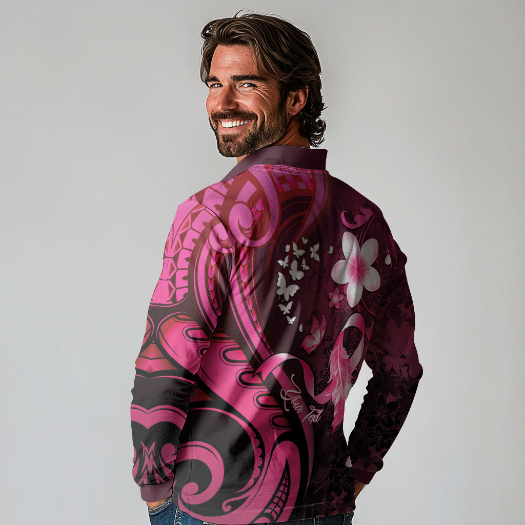 Personalised Memorial Breast Cancer Support Long Sleeve Polo Shirt Plumeria Floral Tribal Pattern