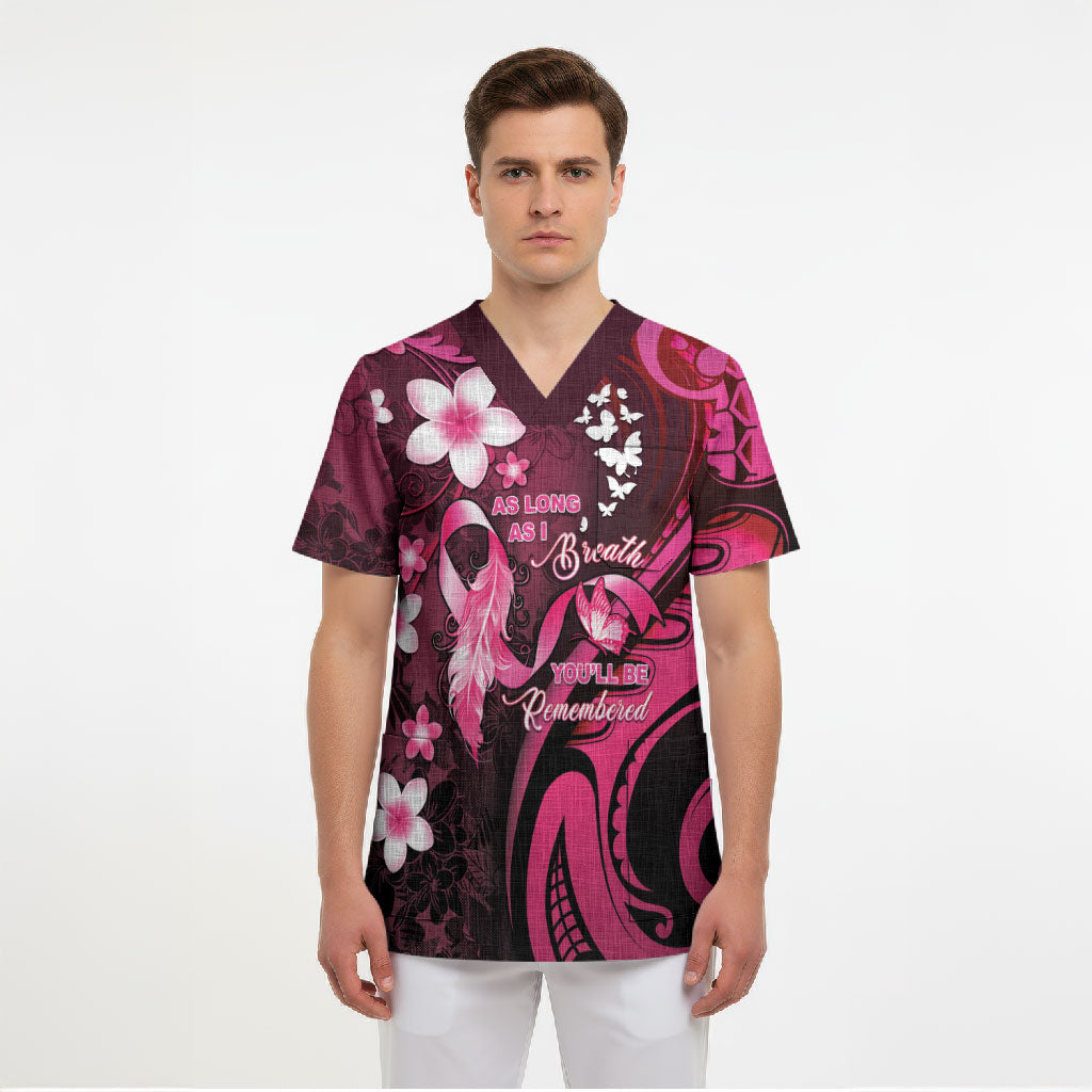 Personalised Memorial Breast Cancer Support Scrub Top Plumeria Floral Tribal Pattern