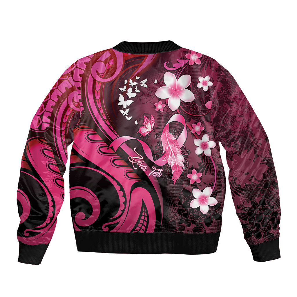 Personalised Memorial Breast Cancer Support Sleeve Zip Bomber Jacket Plumeria Floral Tribal Pattern