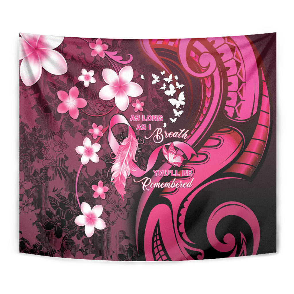 Memorial Breast Cancer Support Tapestry Plumeria Floral Tribal Pattern
