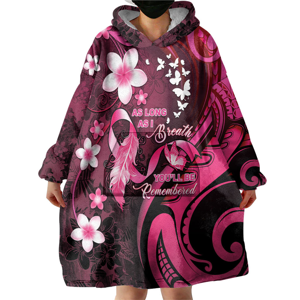 Personalised Memorial Breast Cancer Support Wearable Blanket Hoodie Plumeria Floral Tribal Pattern