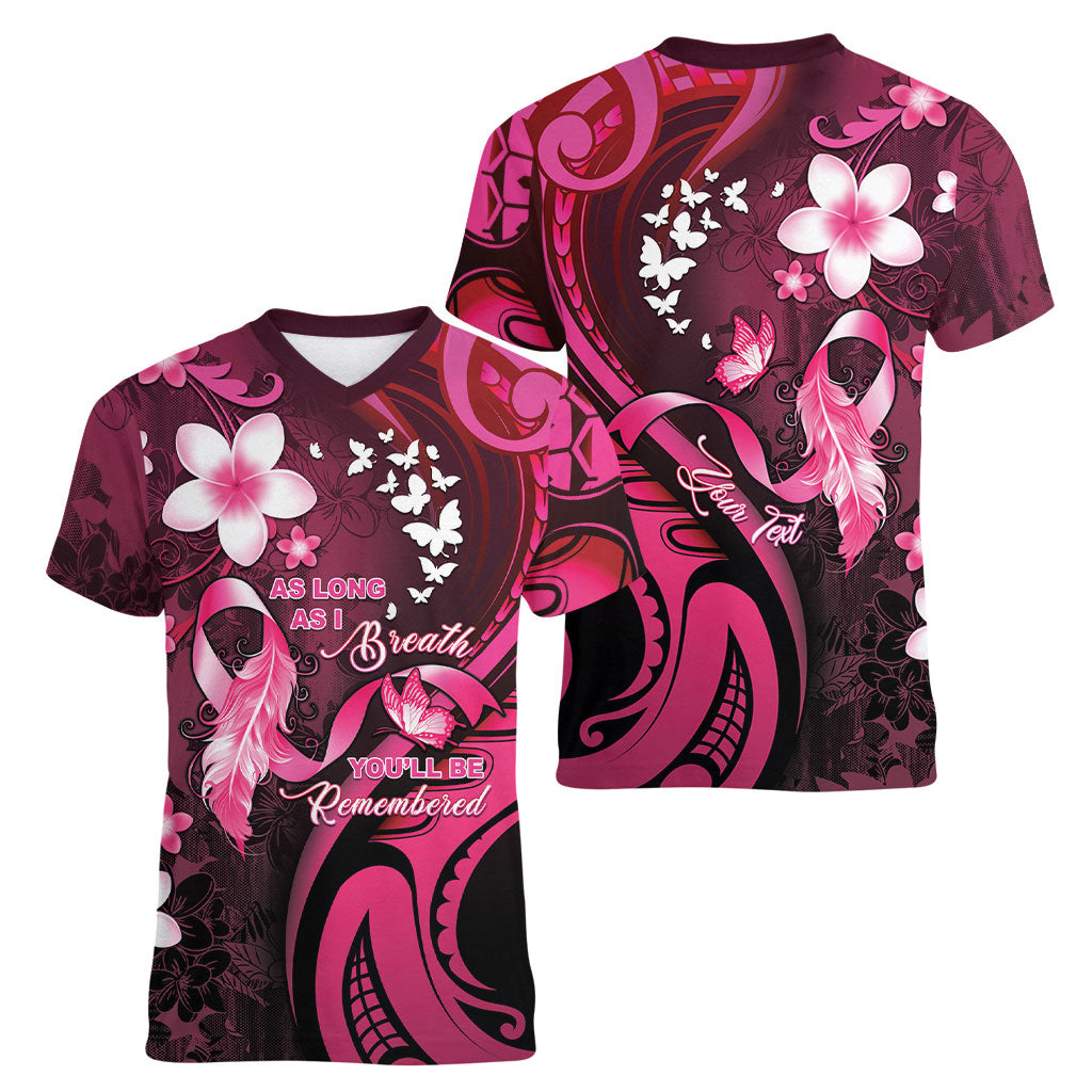 Personalised Memorial Breast Cancer Support Women V-Neck T-Shirt Plumeria Floral Tribal Pattern